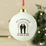 Personalised Same-Sex Male Wedding Couple Ceramic Christmas Bauble - Image 2