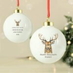 Personalised Any Message Watercolour Stag Design Ceramic Christmas Bauble - Image 3