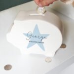 Personalised Children's Name & Message Blue Star Motif Ceramic Piggy Bank - Image 3