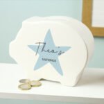 Personalised Children's Name & Message Blue Star Motif Ceramic Piggy Bank - Image 4