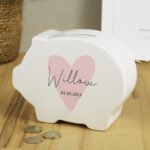 Personalised Children's Name & Message Pink Heart Motif Ceramic Piggy Bank
