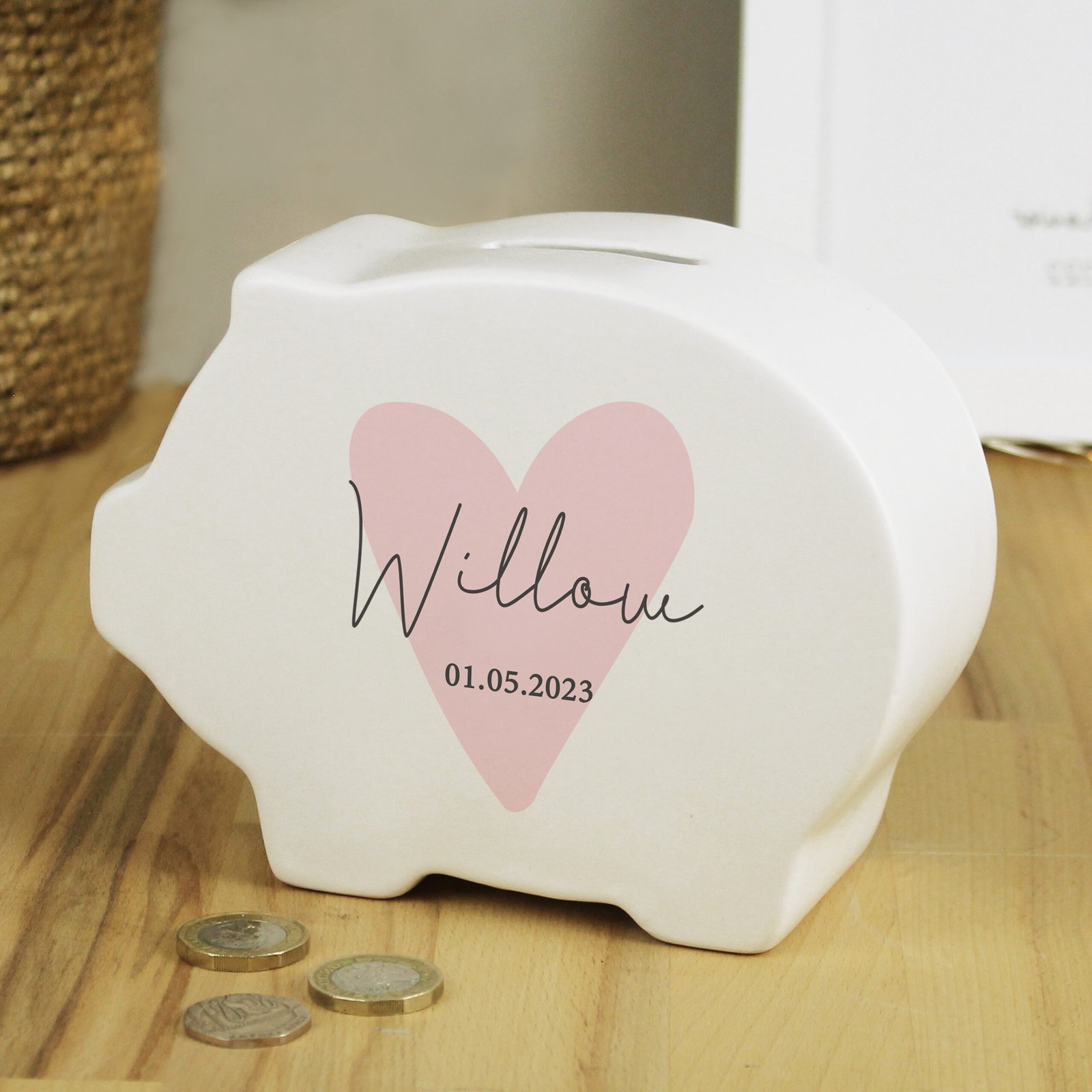 P0305J08 Personalised Children's Name & Message Pink Heart Motif Ceramic Piggy Bank Personalised Children's Name & Message Pink Heart Motif Ceramic Piggy Bank - Image 1