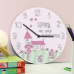 Personalised 'On Your Christening' Pink Whimsical Church Design Wooden Wall Clock - Image 3