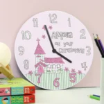 Personalised 'On Your Christening' Pink Whimsical Church Design Wooden Wall Clock - Image 2