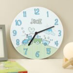 Personalised Name Only Blue Whimsical Train Design Wooden Wall Clock - Image 2