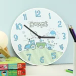 Personalised Name Only Blue Whimsical Train Design Wooden Wall Clock - Image 3
