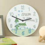 Personalised ‘On Your Christening’ Blue Whimsical Church Design Wooden Wall Clock - Image 3