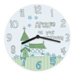 Personalised ‘On Your Christening’ Blue Whimsical Church Design Wooden Wall Clock - Image 4
