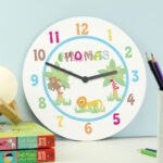 Personalised Children's Blue Animal Alphabet Design Wooden Wall Clock