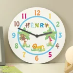 Personalised Children's Blue Animal Alphabet Design Wooden Wall Clock