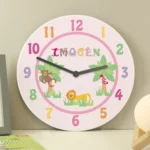 Personalised Children's Pink Animal Alphabet Design Wooden Wall Clock