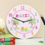 Personalised Children's Pink Animal Alphabet Design Wooden Wall Clock