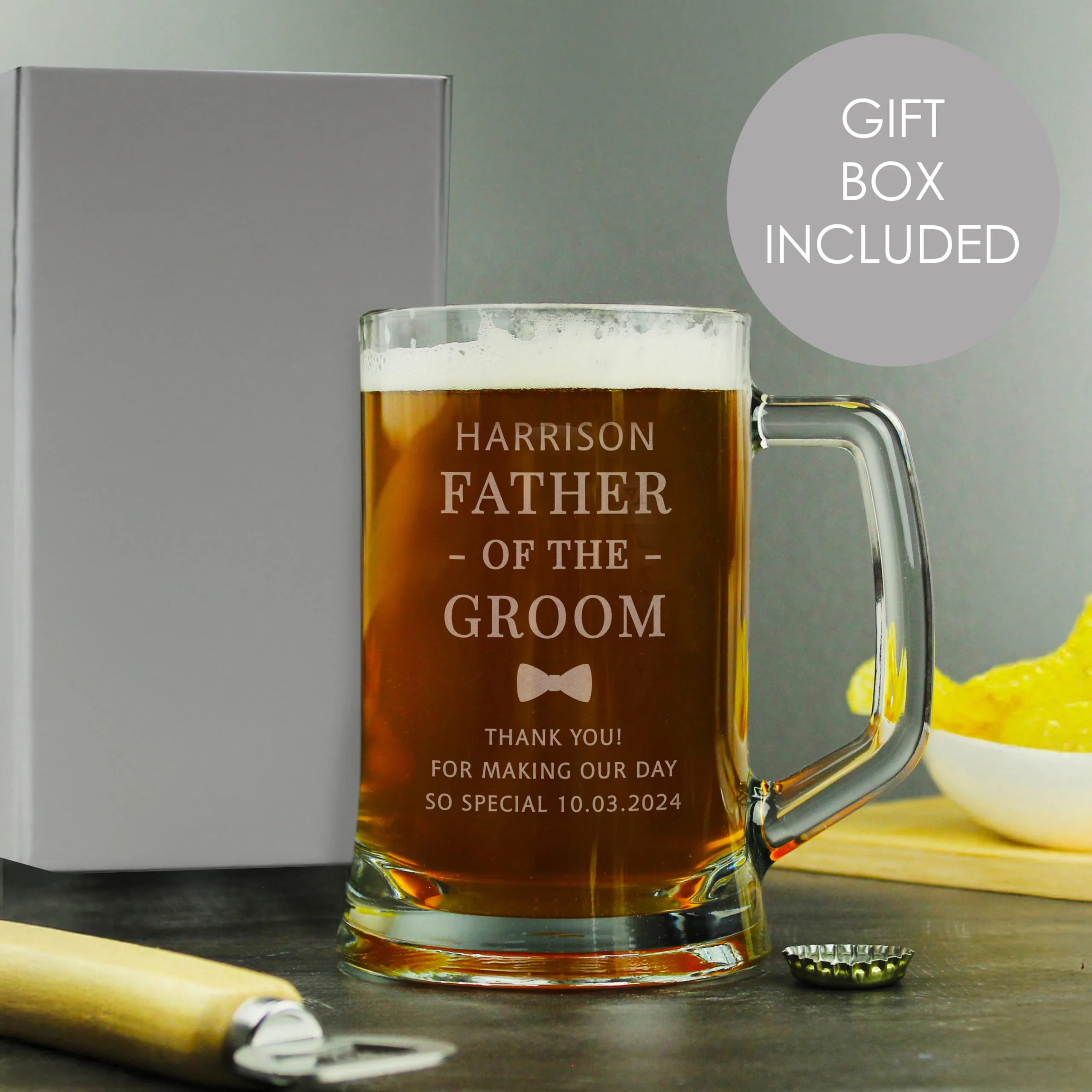 Personalised 'Father of the Groom' Bow Tie Motif Pint Stern Glass Tankard - Image 2