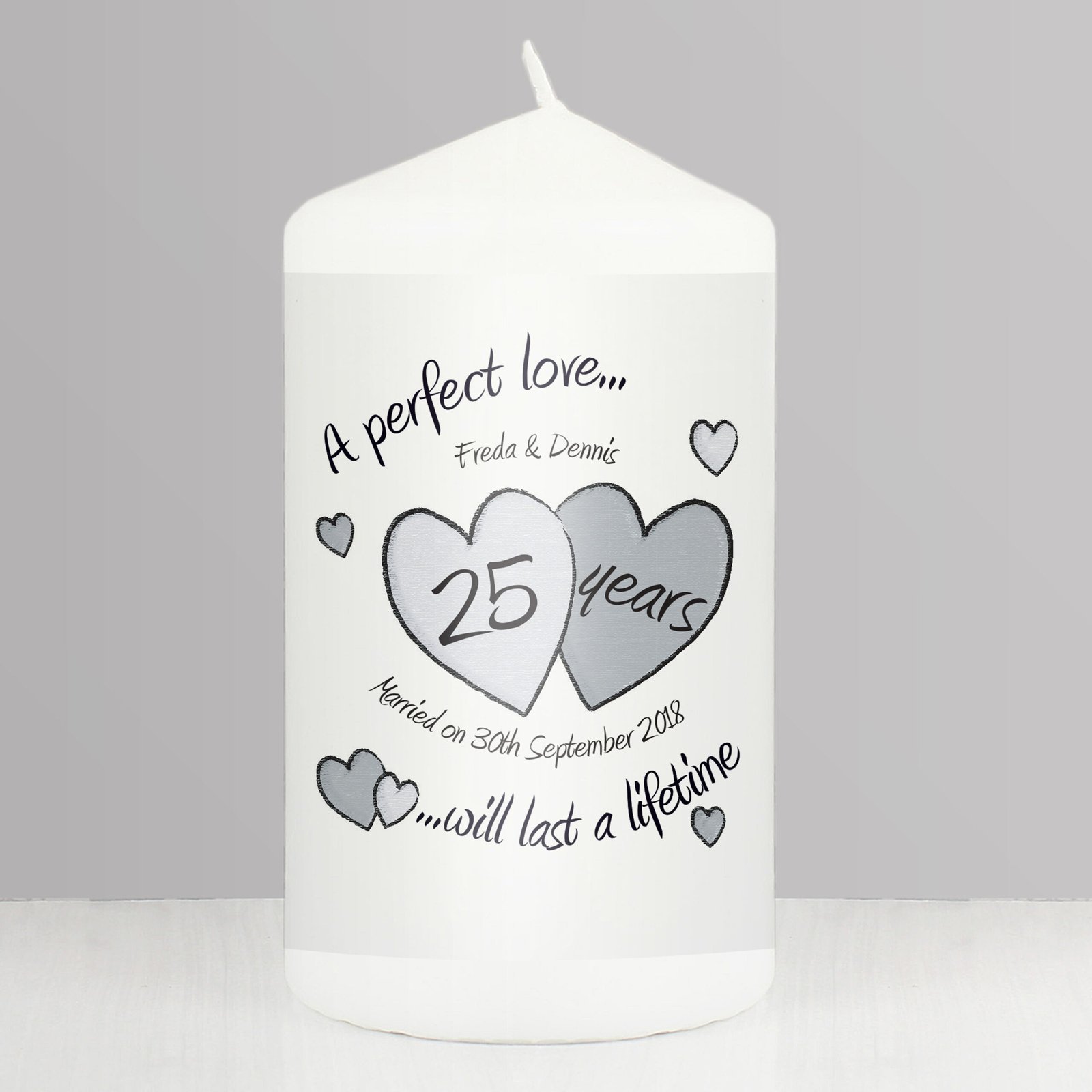 P0409B06 Personalised 'A Perfect Love... 25 Years' Silver Anniversary Pillar Candle - Image 1