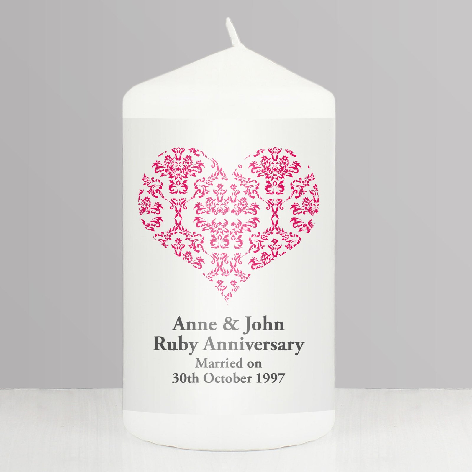 P0409B56 Personalised Any Message Ruby Damask Heart Design Pillar Candle Personalised Any Message Ruby Damask Heart Design Pillar Candle - Image 1
