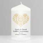 Personalised Any Message Gold Damask Heart Design Pillar Candle
