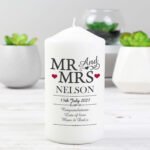 Personalised 'Mr And Mrs' Hearts Motif Pillar Candle