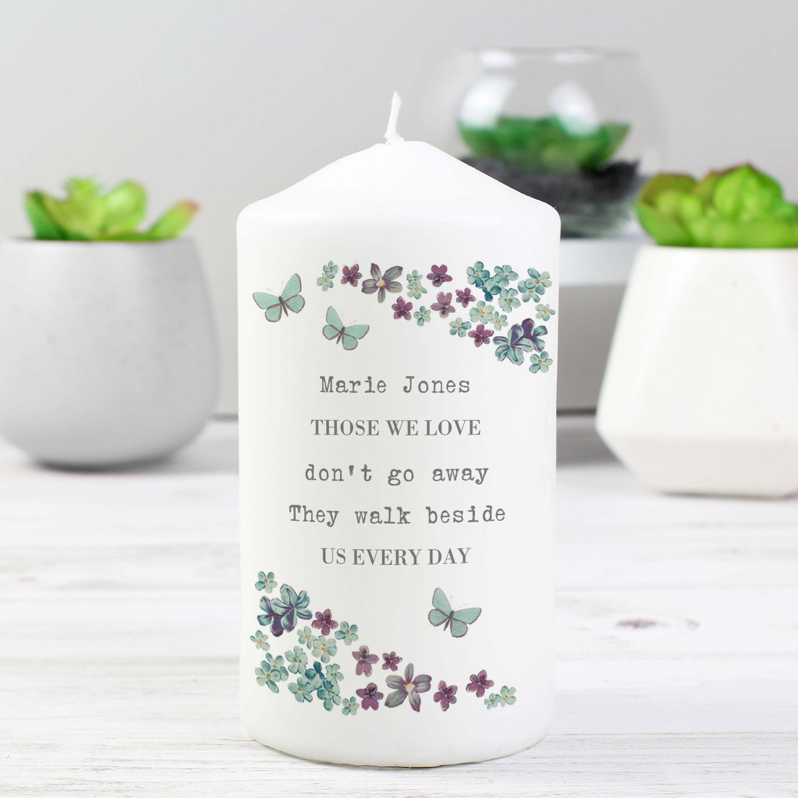 P0409C64 Personalised Any Message Forget Me Not Design Pillar Candle Personalised Any Message Forget Me Not Design Pillar Candle - Image 1