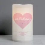 Personalised Stitch & Dot Pink Heart LED Night Light Pillar Candle