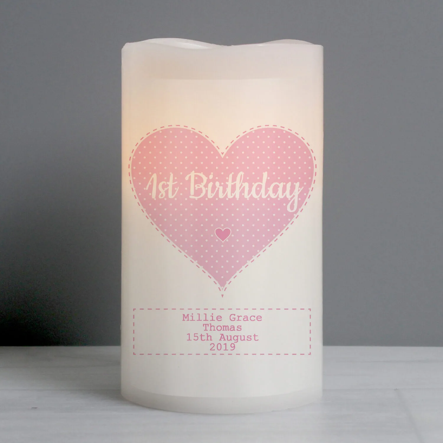 Personalised Stitch & Dot Pink Heart LED Night Light Pillar Candle - Image 1