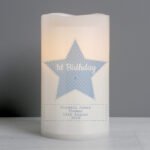 Personalised Blue Stitch & Dot Star Design Night Light LED Pillar Candle