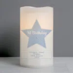 Personalised Blue Stitch & Dot Star Design LED Night Light Pillar Candle