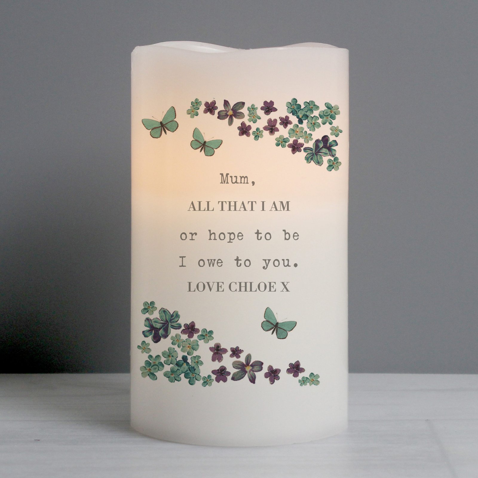 P0409D36 Personalised Any Message Forget Me Not Design LED Pillar Candle Personalised Any Message Forget Me Not Design LED Pillar Candle - Image 1