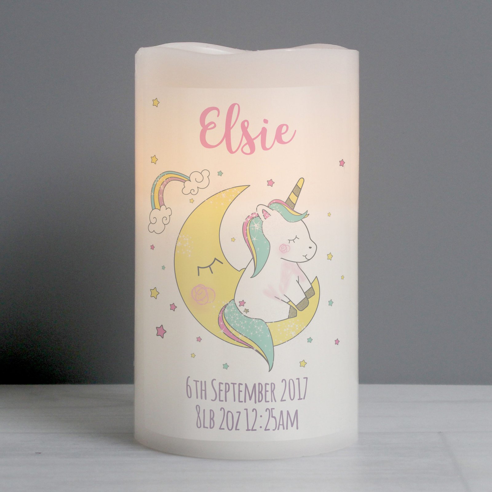 P0409D47 Personalised Baby Unicorn Design Night Light LED Pillar Candle Personalised Baby Unicorn Design Night Light LED Pillar Candle - Image 1