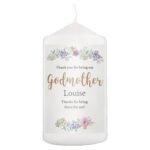 Personalised 'Thank You For Being My Godmother' Floral Watercolour Design Pillar Candle - Image 4