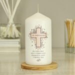 Personalised Any Message Floral Cross Design Pillar Candle