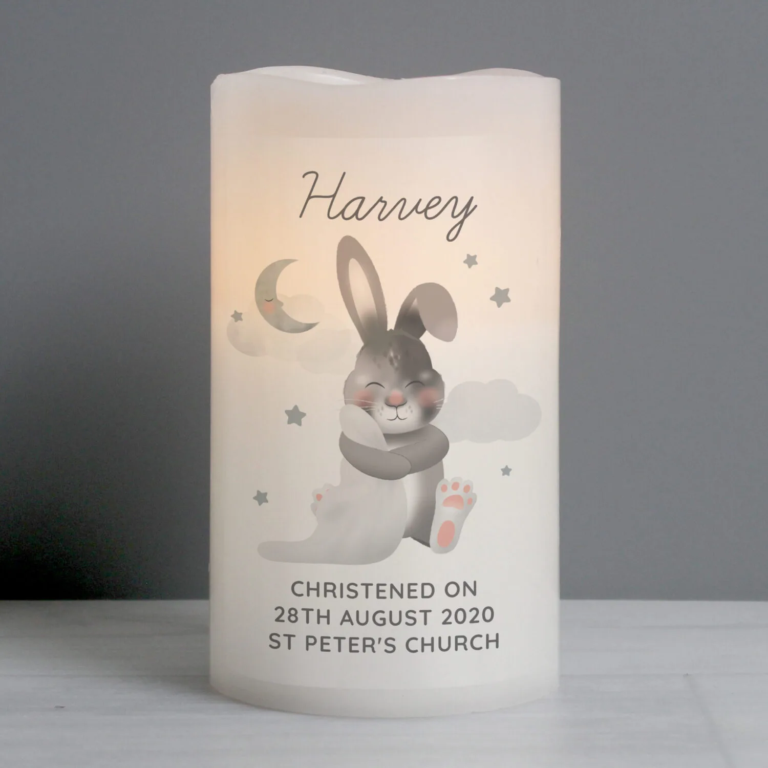 Personalised Baby Bunny Design LED Night Light Pillar Candle - Image 1