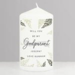 Personalised Any Message 'Godparent' Leaves Design Pillar Candle