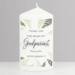 Personalised Any Message 'Godparent' Leaves Design Pillar Candle - Image 2