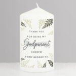 Personalised Any Message 'Godparent' Leaves Design Pillar Candle - Image 3