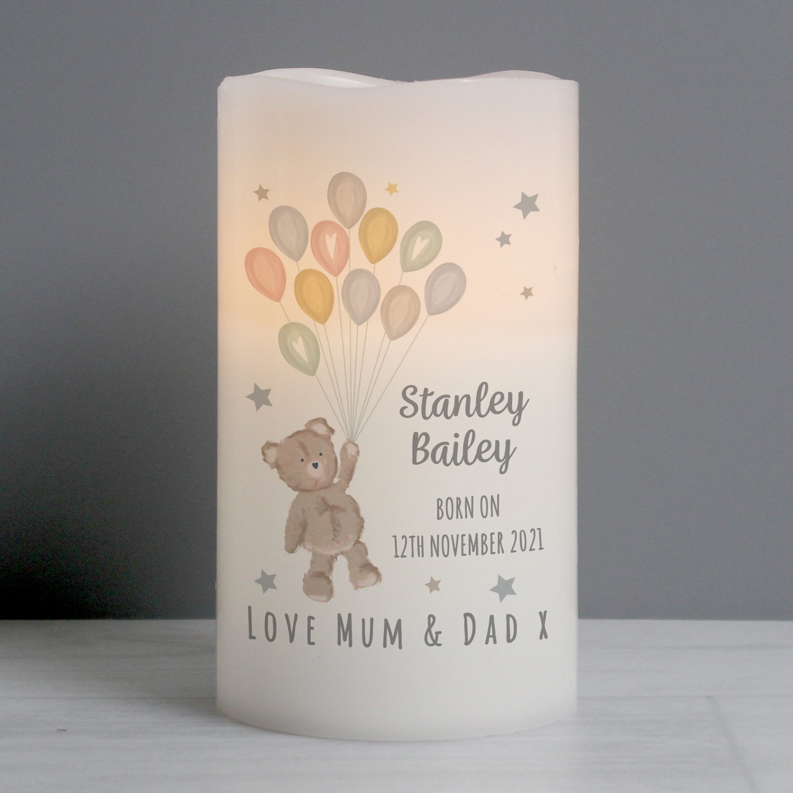 P0409E04 Personalised Teddy & Balloons Design New Baby Night Light LED Pillar Candle Personalised Teddy & Balloons Design New Baby Night Light LED Pillar Candle - Image 1