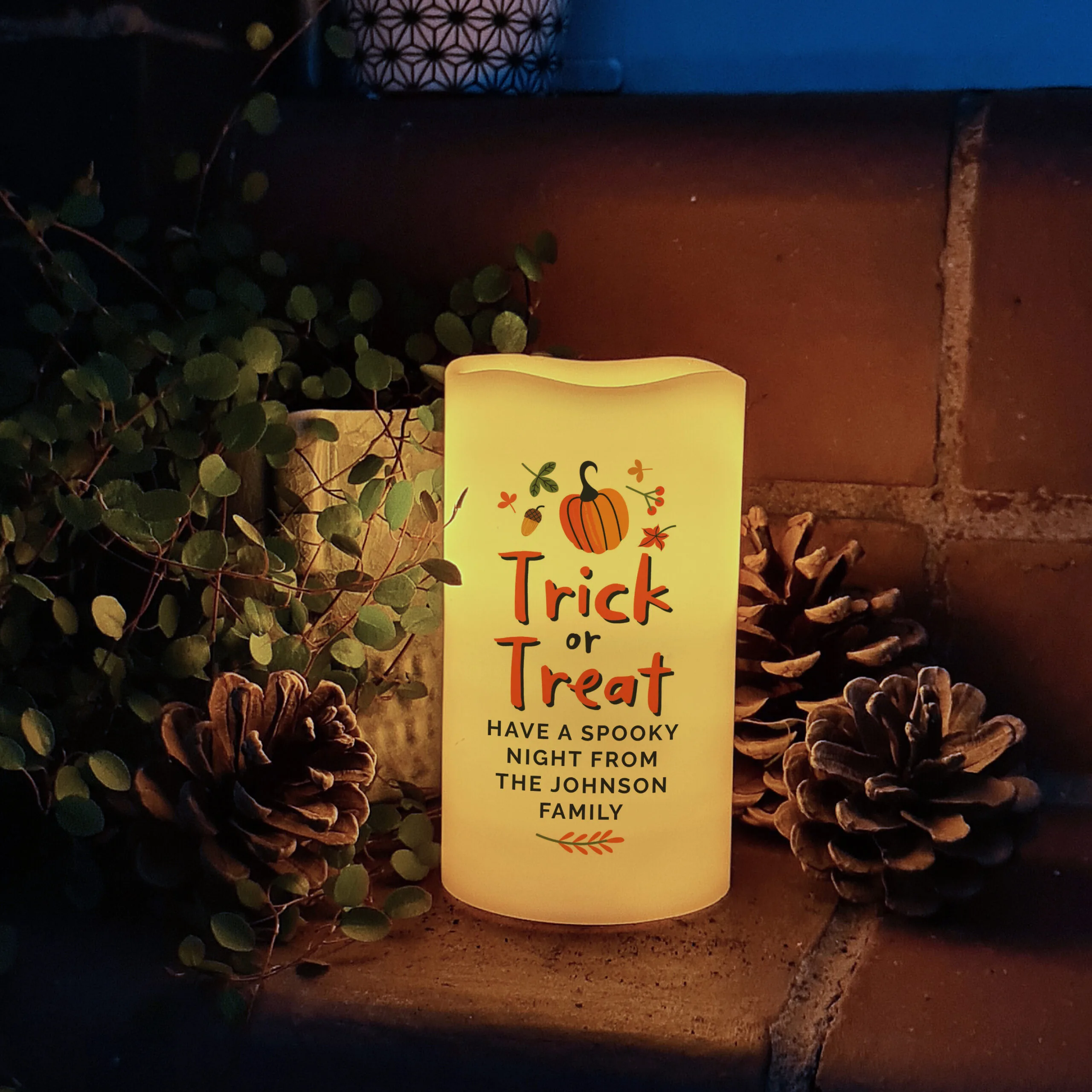 Personalised Any Message 'Trick or Treat' Halloween LED Pilar Candle - Image 3