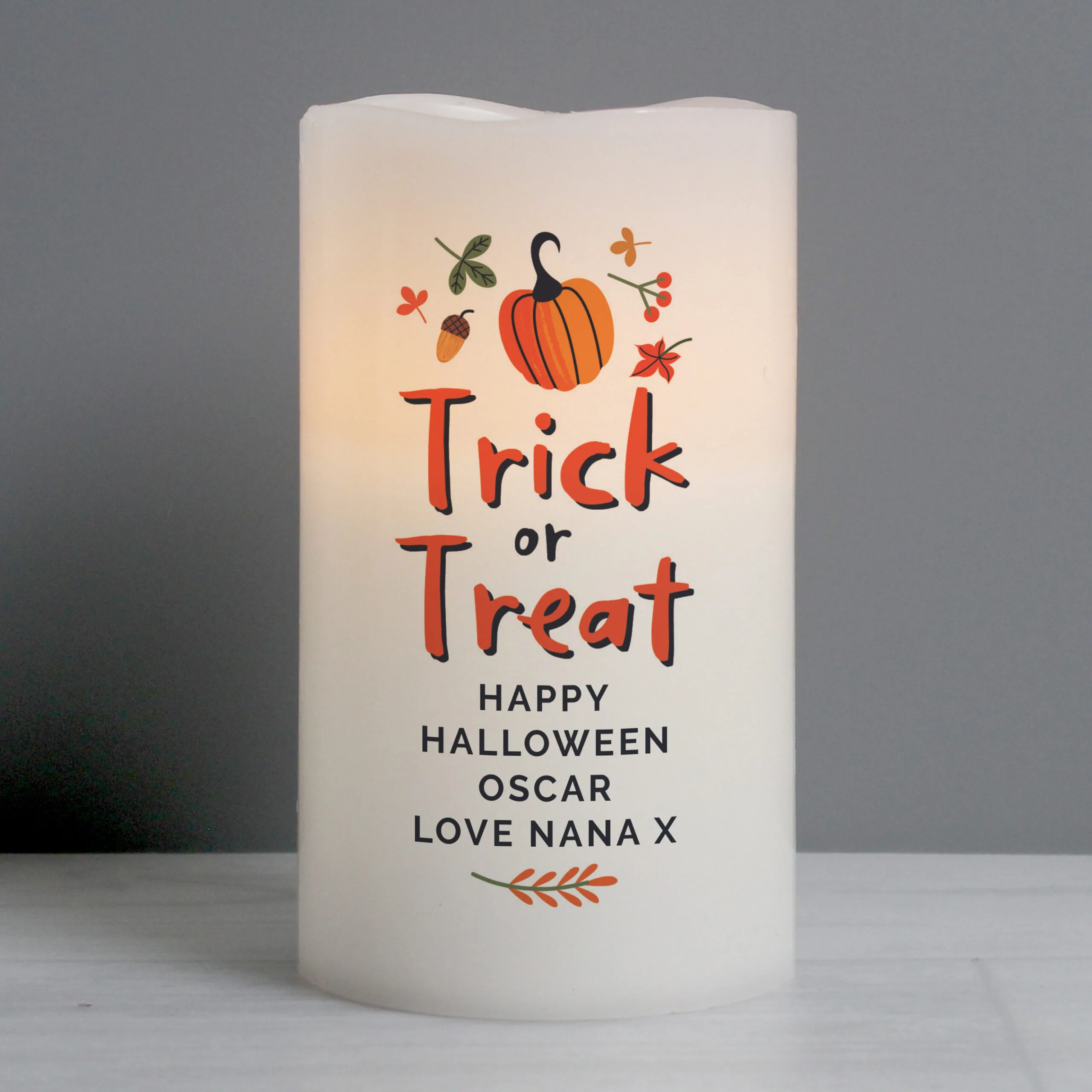 Personalised Any Message 'Trick or Treat' Halloween LED Pilar Candle - Image 4