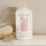 Personalised Any Message Birth Flower Design Pillar Candle
