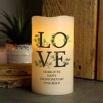 Personalised Any Message 'LOVE' Botanical Design LED Pillar Candle