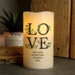 Personalised Any Message 'LOVE' Botanical Design LED Pillar Candle - Image 3