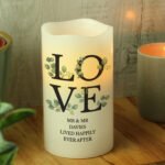 Personalised Any Message 'LOVE' Botanical Design LED Pillar Candle - Image 4