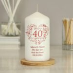 Personalised ‘Happy 40th Anniversary’ Heart Design Pillar Candle