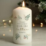 Personalised Any Message Christmas Foliage Design Pillar Candle