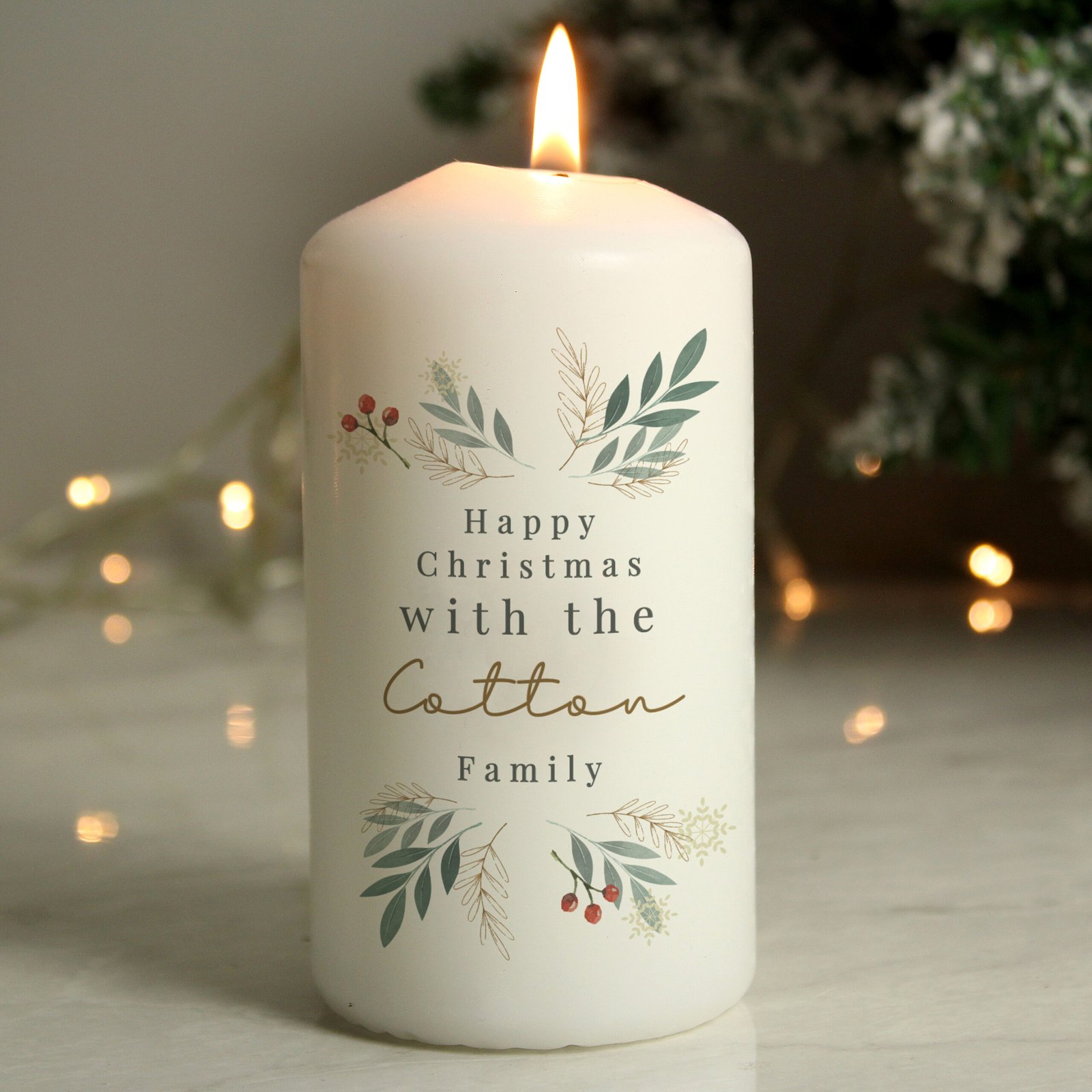 P0409E47 Personalised Any Message Christmas Foliage Design Pillar Candle Personalised Any Message Christmas Foliage Design Pillar Candle - Image 1