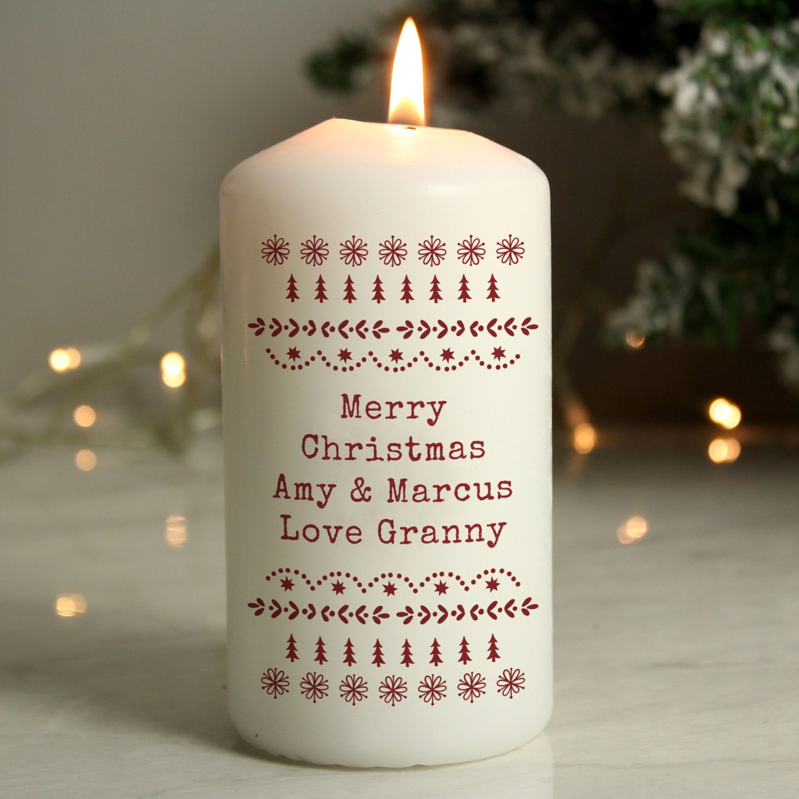 P0409E48 Personalised Any Message Christmas Fair Isle Design Pillar Candle Personalised Any Message Christmas Fair Isle Design Pillar Candle - Image 1
