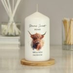 Personalised Any Message Highland Cow Design Pillar Candle
