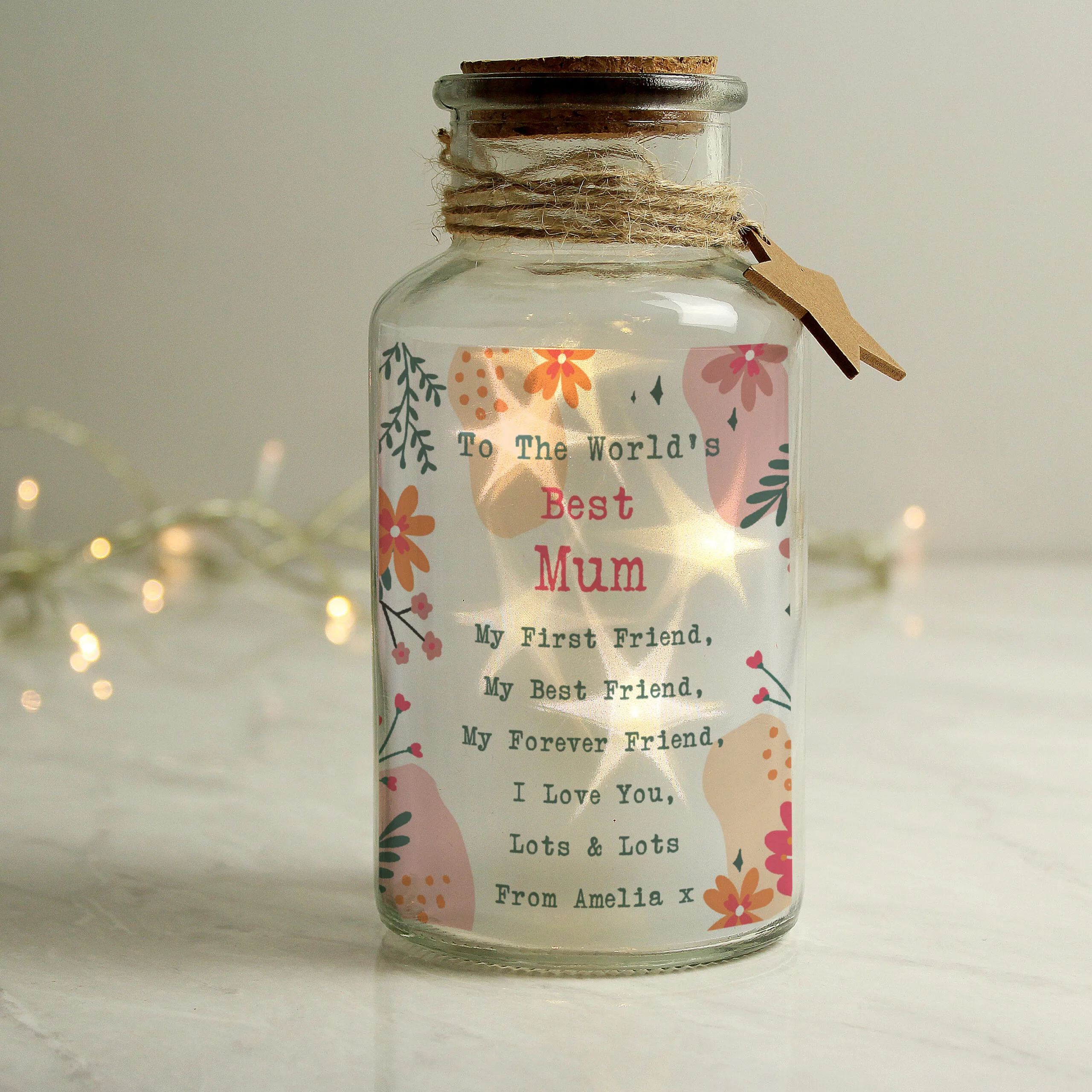 Personalised Any Message Floral Design LED Light-Up Glass Jar - Image 5