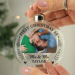 Personalised 'First Christmas' Married Photo Upload Glass Christmas Bauble - Image 2