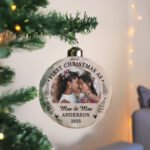Personalised 'First Christmas' Married Photo Upload Glass Christmas Bauble - Image 3
