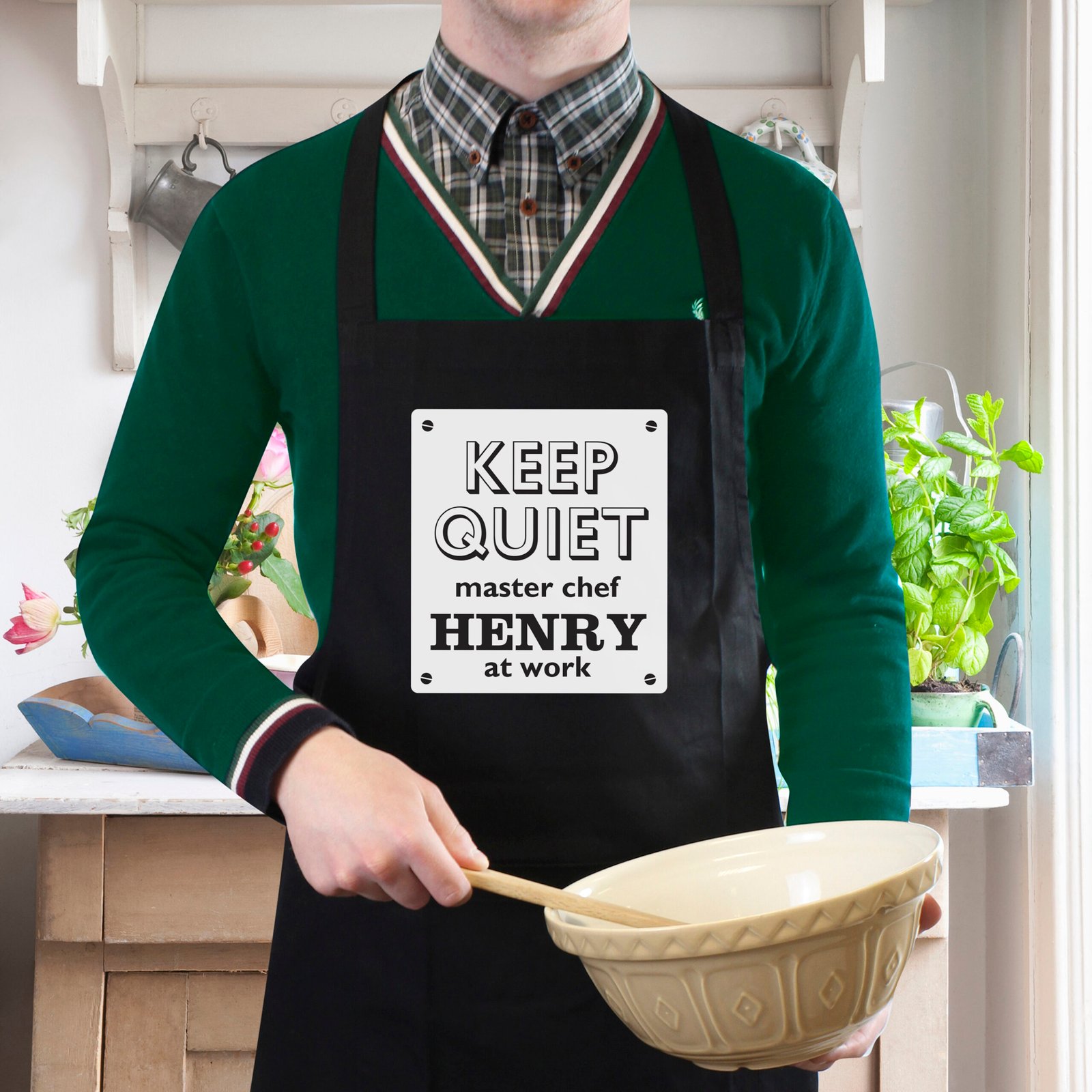 P0510E10 Personalised 'Keep Quiet' Adult Black Apron Personalised 'Keep Quiet' Adult Black Apron - Image 1